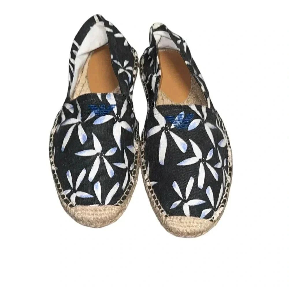 Women’s ARMANI JEANS blue & white floral Espadrille SLIP ON shoes Size 6.5
